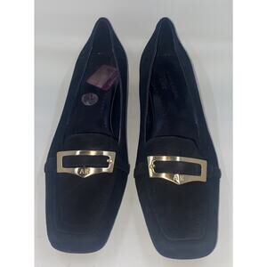 Anne Klein iFlex Marhombus Shoes 7.5 M Black Suede Pump Buckle Front 1" Heel New